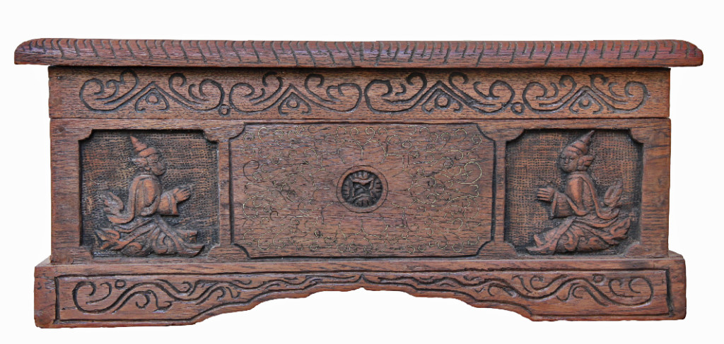 Burmese Teak Manuscript Box with Carvings and Brass Inlay
