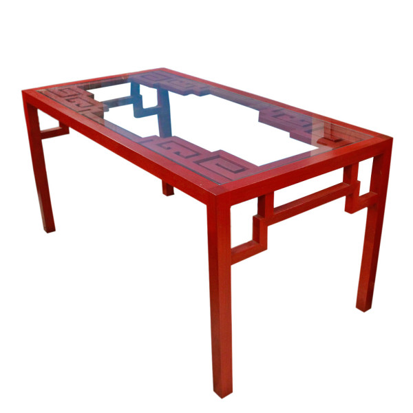 Custom-made Teak Chinese Sacred Geometry Design Table with Glass Top