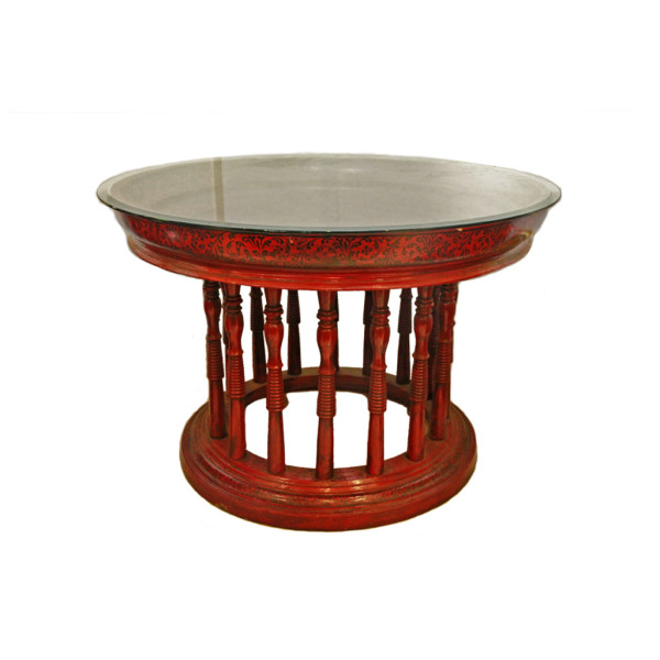 Large Burmese Teak Lacquered Kalat Table with Glass Top