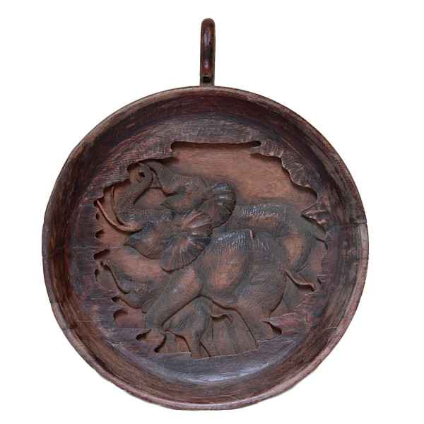 Lanna Thai Carved Teak Sticky Rice Tray with Loving Elephant Family