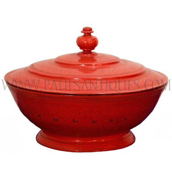 Burmese Red Lacquer Lidded Offering Vessel with Astrological Symbols