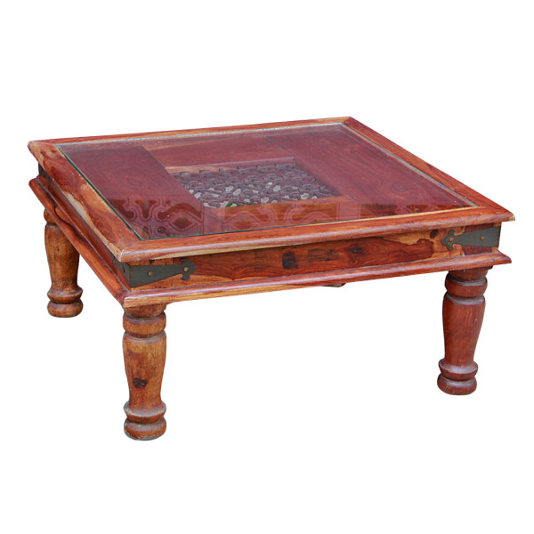 Indonesian Teak and Iron Glass-top Coffee Table