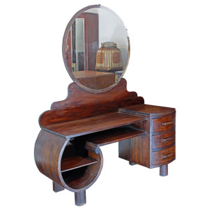Thai Art-Deco Curved Low Dressing Table with Round Vanity Mirror
