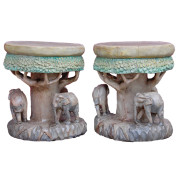 Pair of Thai Teak Stools Carved with Elephants and Trees