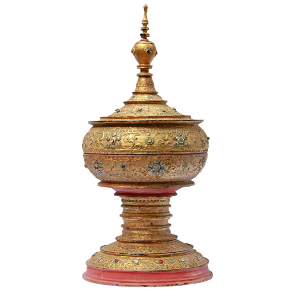 Large Mandalay Gilded Lacquered with Glass Inlay Offering Vessel