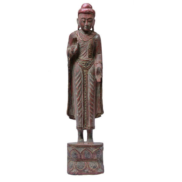 Burmese Lacquered Teak Buddha in Abhaya-vara Mudra Standing on Lotus