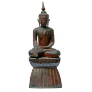 Burmese Resin Sitting Bhumisparsha Buddha on Double Lotus Throne