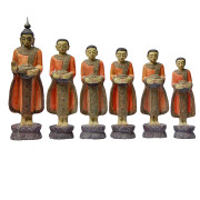 Burmese Teak Set of Five Disciples following Buddha on Alms Round