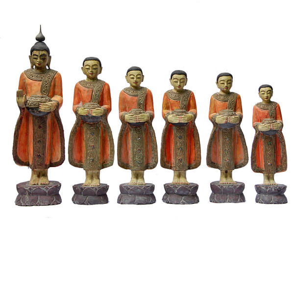 Burmese Teak Set of Five Disciples following Buddha on Alms Round