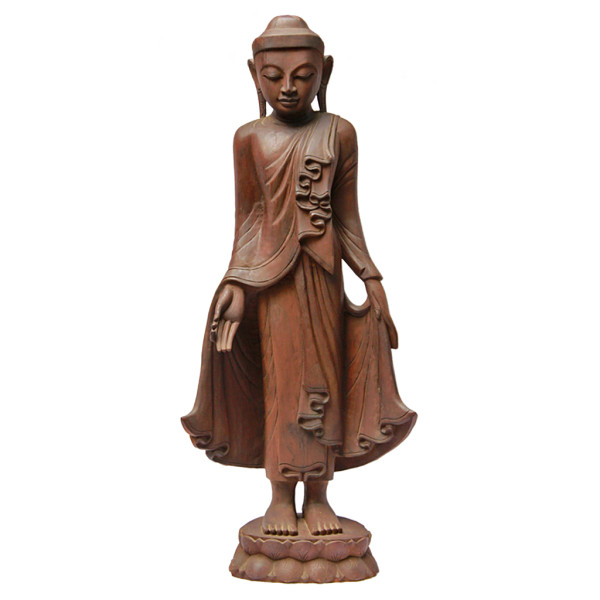 Large Burmese Teak Buddha Standing Upon Lotus in Bestowing Teachings Mudra