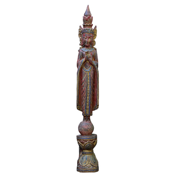 Crowned Burmese Buddha Standing atop Lotus and Globe in Teaching Mudra