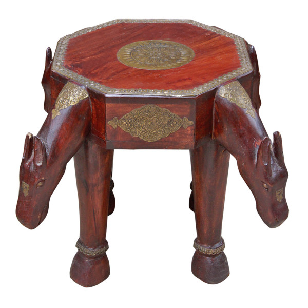 Indian Hard Wood and Brass Stool/Side-table with Horse Motif