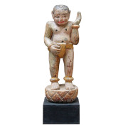 Burmese Teak Carving of Single Gong Carrier in Loin Cloth on Stand