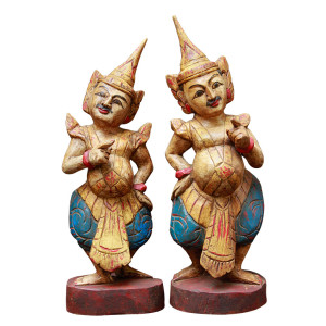 Pair of Carved Teak Burmese Court Dancers with Fat Bellies and Pointing Fingers