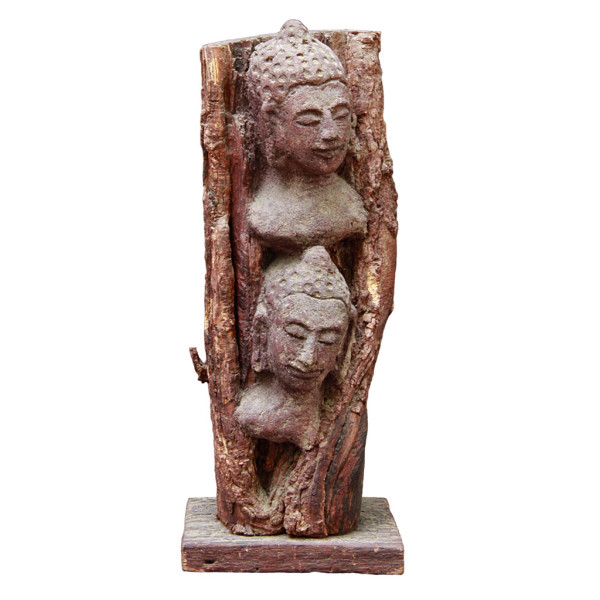 Thai Artist-worked Tree Sculpture with Two Buddha Heads