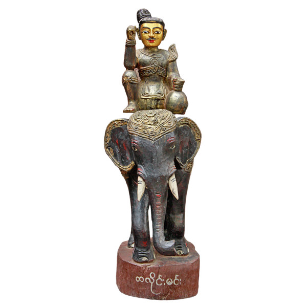 Burmese Lacquered Teak Statue of "Ancient Mon King" on Elephant