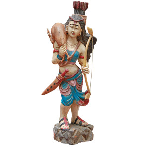 Burmese Teak Effigy of Parvati (Hindu Artemis) Carrying Bow and Deer