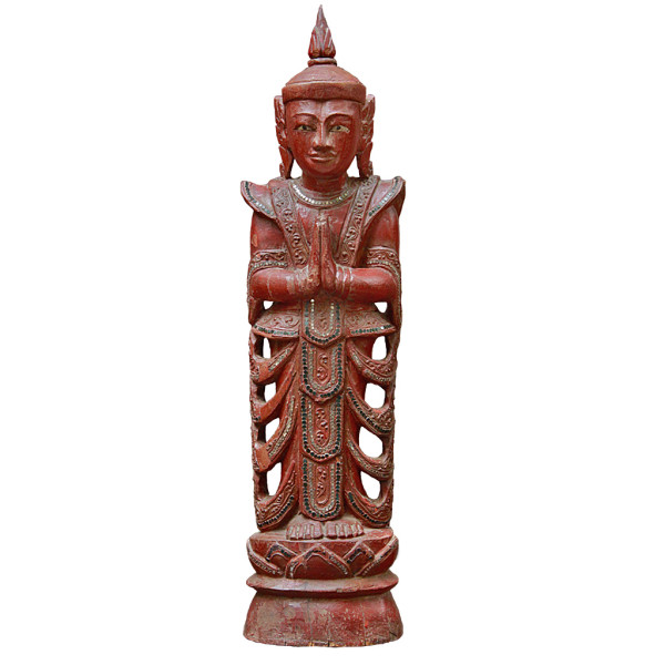 Northern Thai Lacquered Inlayed Teak Angel in Anjali (Gratitude) Mudra