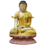 Burmese Buddha Sitting in Bhumisparsha in Stylized Yellow Robes atop a Pink Lotus Flower
