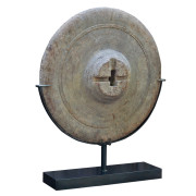 Antique Thai Teak Ox Cart Wheel with Iron Metal Studs on Custom Stand