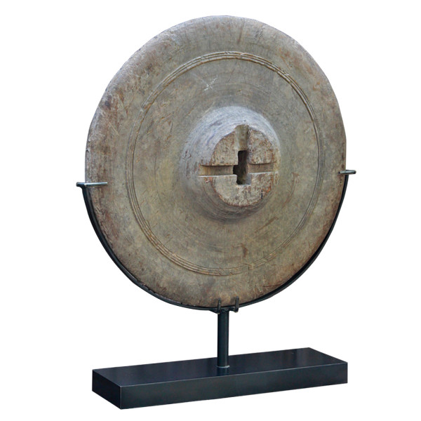 Antique Thai Teak Ox Cart Wheel with Iron Metal Studs on Custom Stand