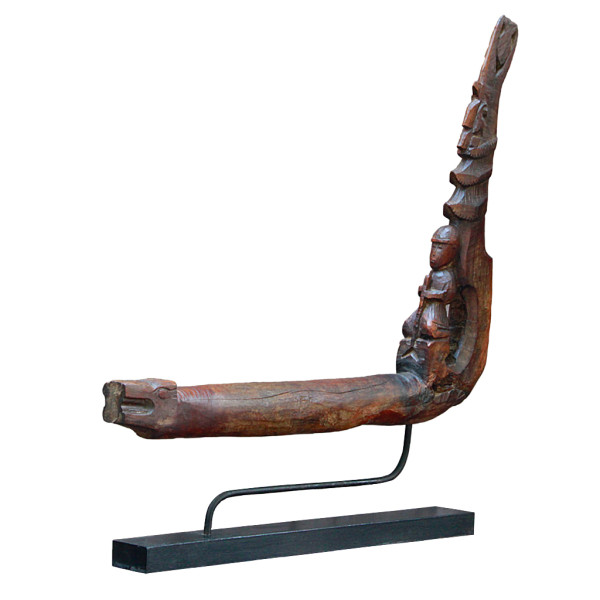 Antique Burmese Teak Ox Cart Prow Carving on Stand with Crocodile, Mythical Bird and Way-shower Motif
