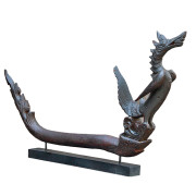 Antique Burmese Teak Ox Cart Prow Carving on Stand of "Hongsa" (Mythical Bird) with Fish in Mouth