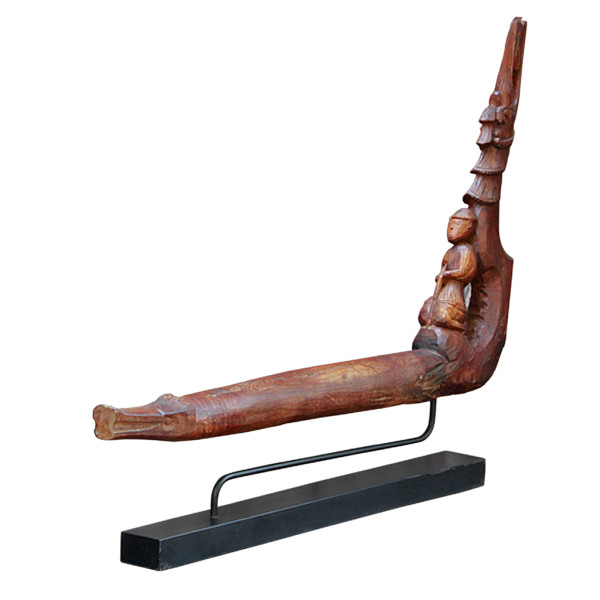 Antique Burmese Teak Ox Cart Prow Carving on Stand with Crocodile, Mythical Bird and Way-shower Motif
