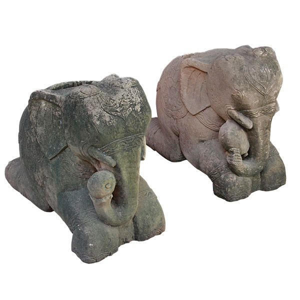 Pair of Large Rare Burmese Antique Sandstone Elephant House Pillar Guardian Holders