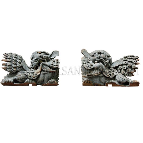 A Pair of Late Qing Dynasty Carved Sprucewood Guardian Lions (Foo Dogs) Covered with Stucco