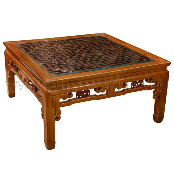 Old Chinese Elmwood Latticework with Glass Top Coffee Table