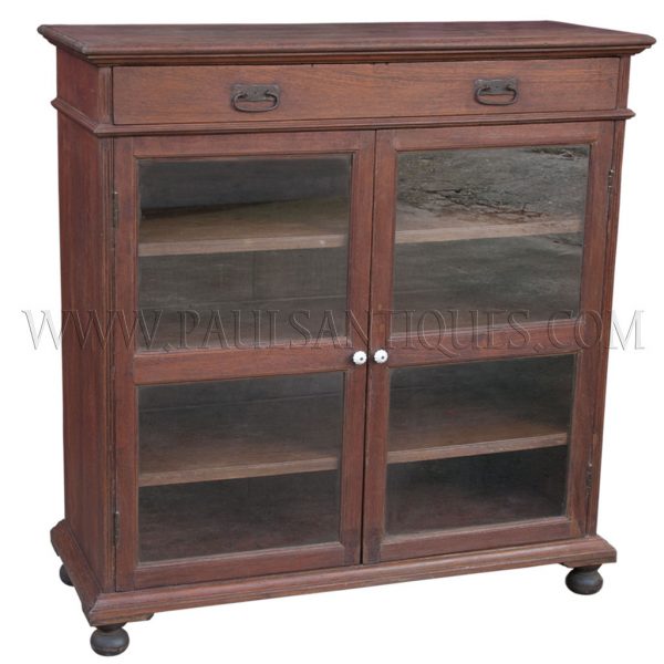Burmese Colonial Teak Single-drawer Sideboard with Glass Doors and Bun Feet