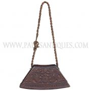 Cambodian Carved Teak Cow Bell with Floral Motif on Natural Rope