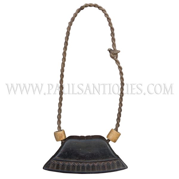 Old Cambodian Teak Carved Cow Bell On Natural Rope