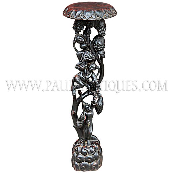 Burmese Teak Plant Stand Carved with Angel in Mythical Forest