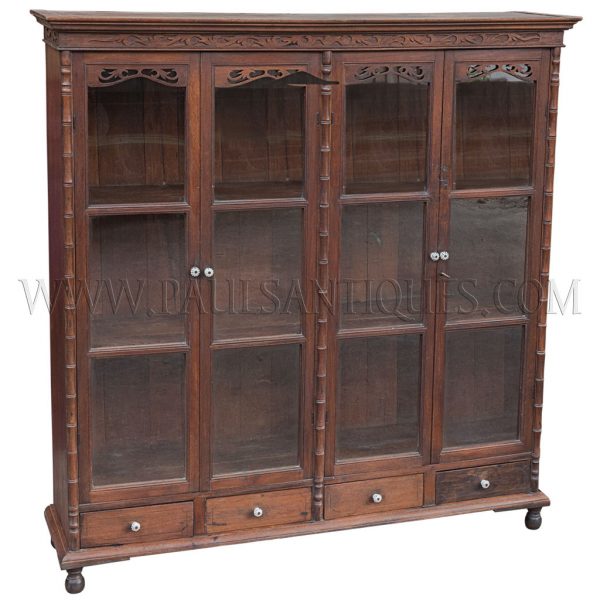 Rare Antique Thai Teak Display Cabinet with Drawers and Glass Doors