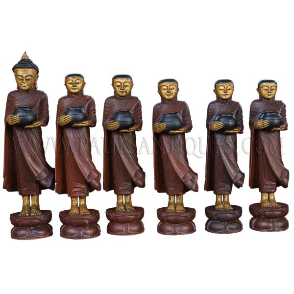 Large Burmese Teak Carvings of Buddha and Disciples on Alms Rounds