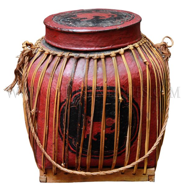 Burmese Lacquered Bamboo Rice Storage Container with Lid and Rope Handle