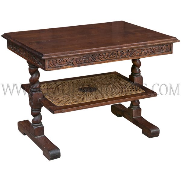 Indonesian Carved Teak and Sun-burst Pattern Rattan Coffee Table