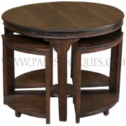 Round Burmese Teak Art-Deco Center Table with Small Side-Tables/Stools