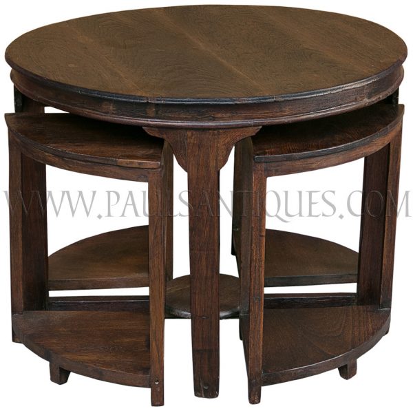 Round Burmese Teak Art-Deco Center Table with Small Side-Tables/Stools