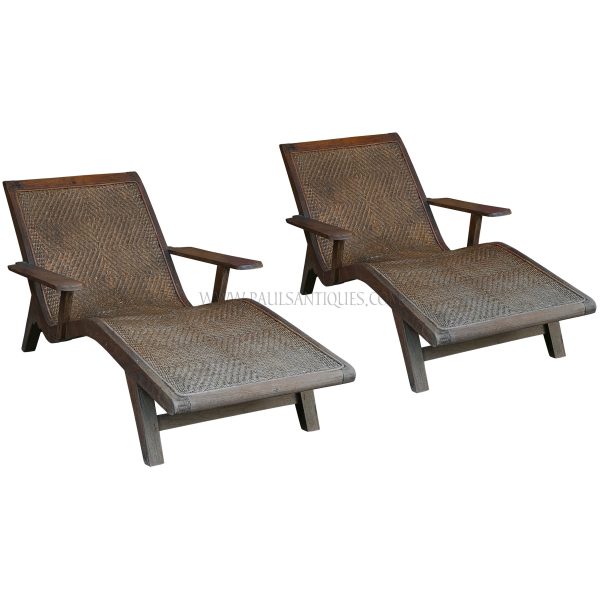 Rare Pair of Colonial Burmese Teak and Rattan Loungers