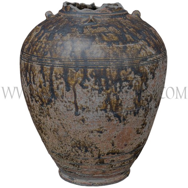 Late Angkor Period Khmer Light Brown Glazed Ceramic Jar with Lip Broken Off Unearthed in Thailand