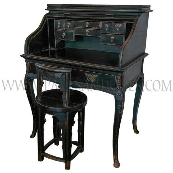 Chinese Roll-top Secretaire Desk with Cabriole Legs and Butterfly Brass Hinges Not Including Chair