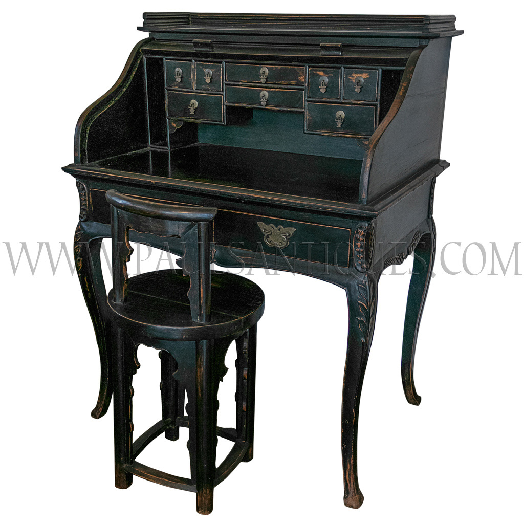 Chinese Roll Top Secretaire Desk With Cabriole Legs And Butterfly