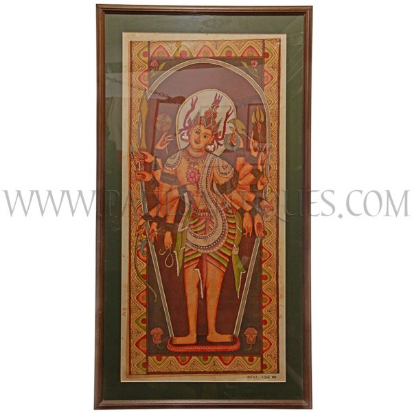 Teak Framed Cloth Painting of Shiva by Burmese Bagan Artist Dwe Van Circa 1994
