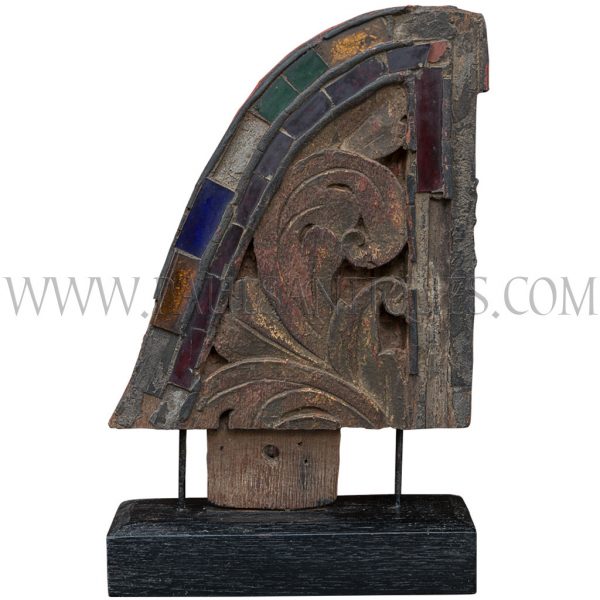 Thai Teak Architectural Remnant with Carvings and Colored Glass Inlay Mounted on Stand of Reclaimed Teak