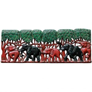 Burmese Teak Wall Hanging Carving of Elephant Family in Forest