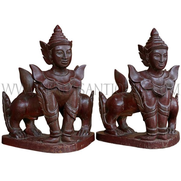 Rare Pair of Burmese Lacquered Teak Manussiha (Double-Bodied Sphinx)