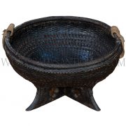Black Lacquered Laotian Handwoven Hanging Bamboo Basket on Wooden X-base Stand